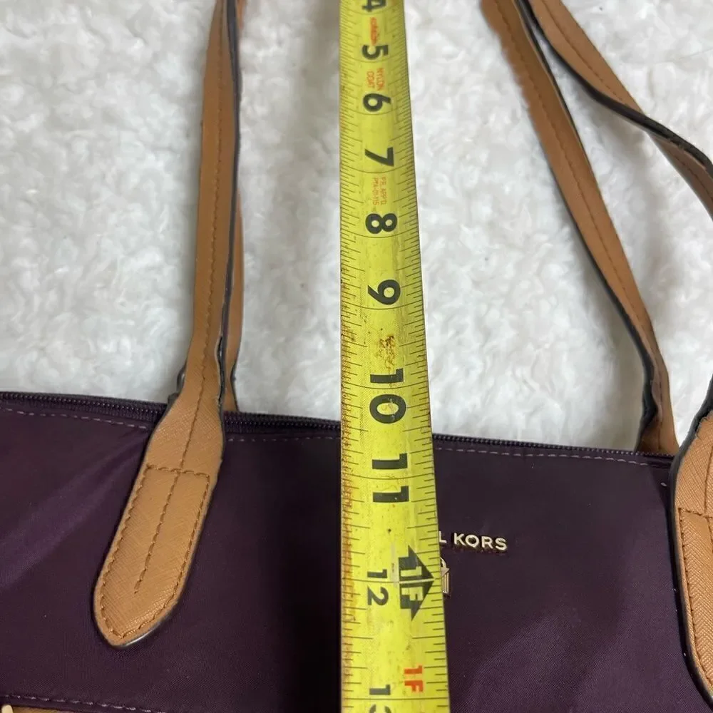 Michael Kors Nylon Aubergine  large tote tan leather straps,gold tone hardwares